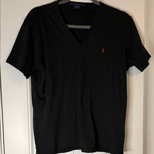 Ralph Lauren Black V-Neck Tee with Red Pony Embroidery